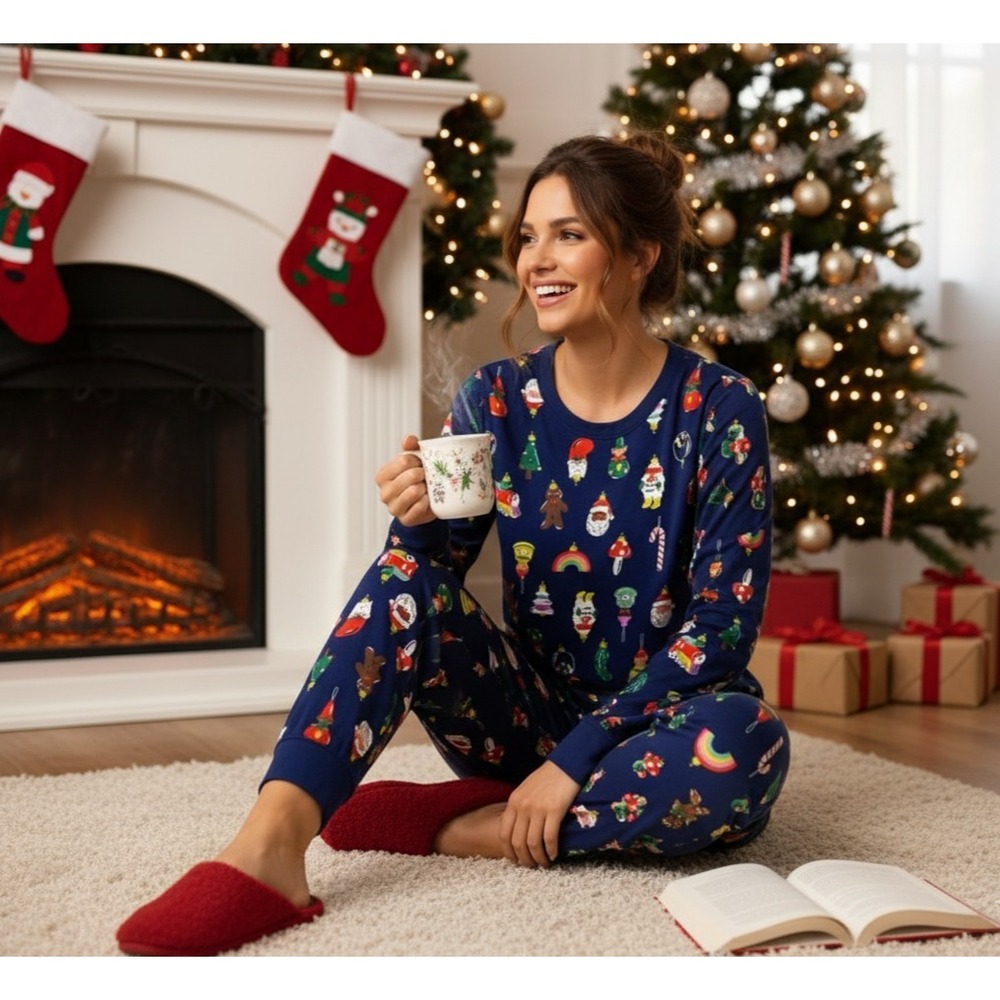 Hannah Andersson Christmas Pajama Top Womens XL Blue Holiday Family Photo Lounge